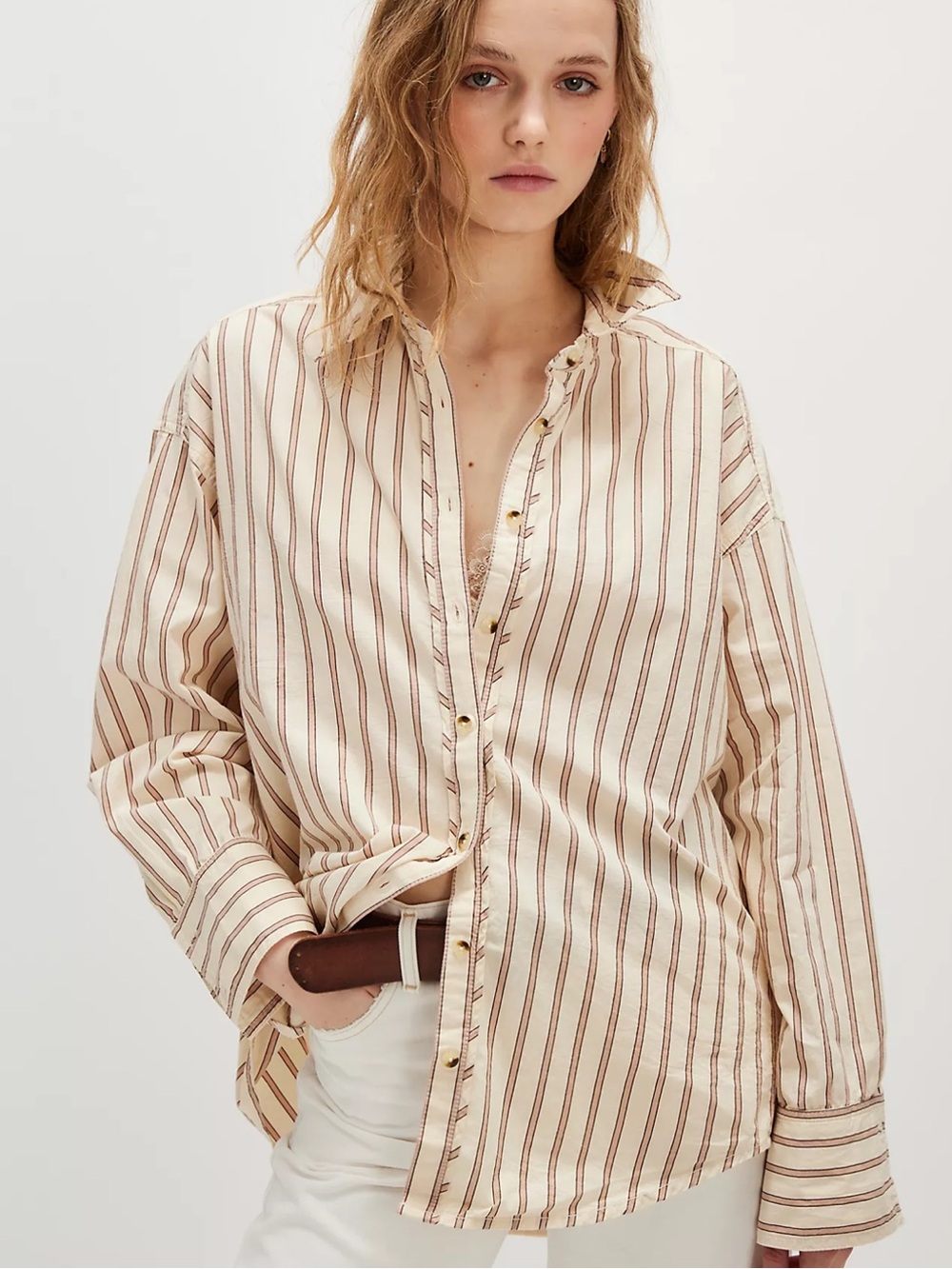 free people L Oversized Ivory Tan Striped Varsity Vibes Long Sleeve Cotton Shirt